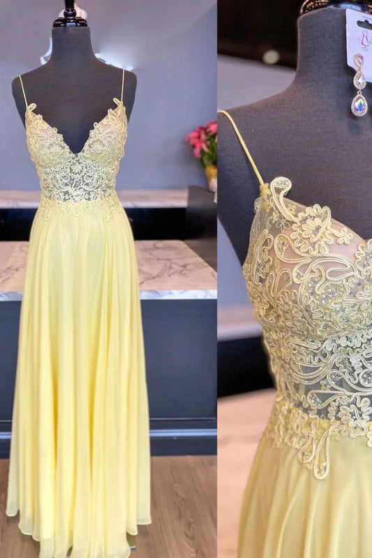 Yellow v neck chiffon lace long prom dress yellow prom dress