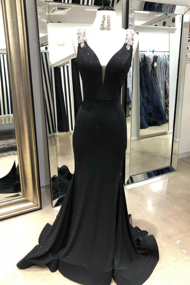 Black v neck mermaid long prom dress black prom dress
