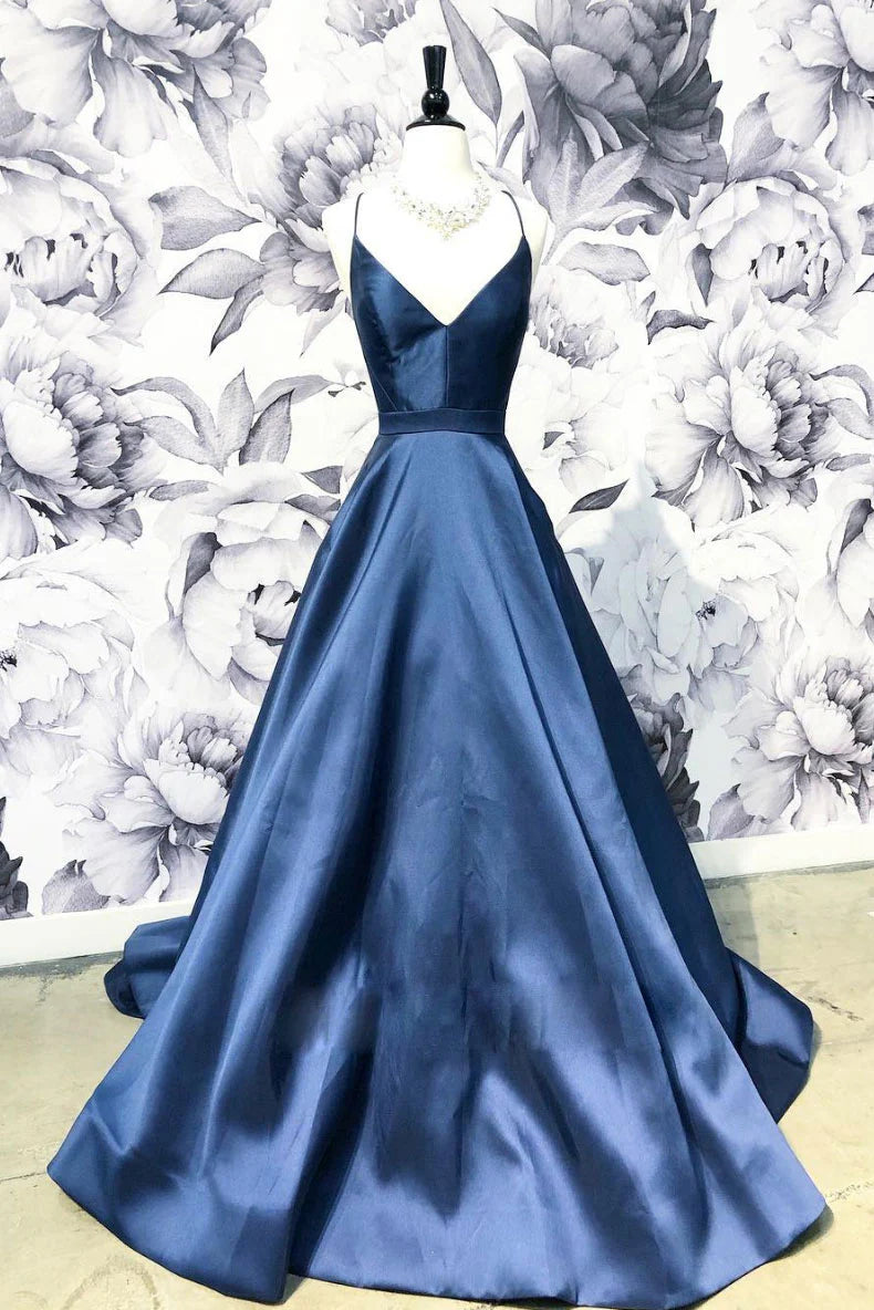 Simple v neck dark blue long prom dress blue prom dress