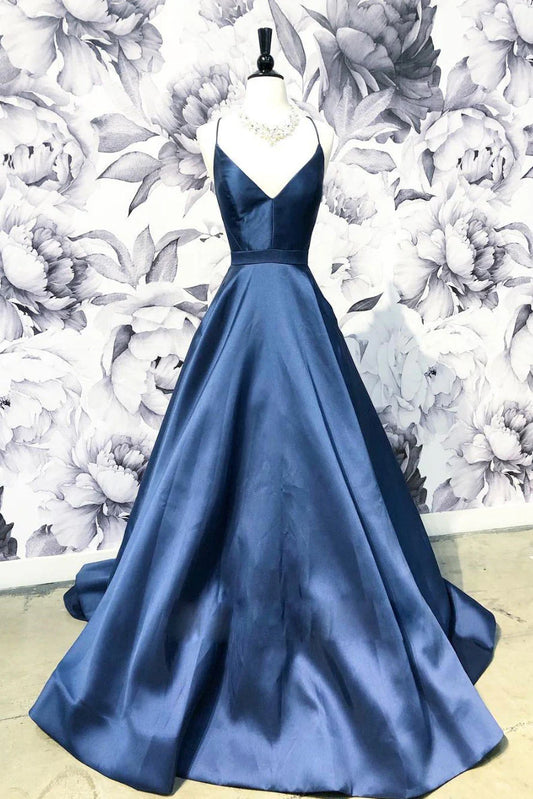 Simple v neck dark blue long prom dress blue prom dress