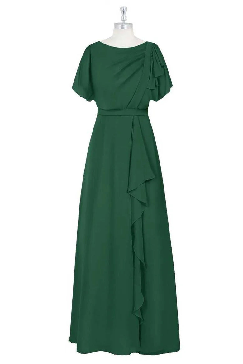 Crew Neck Short Sleeve Ruffled A-Line Bridesmaid Dress