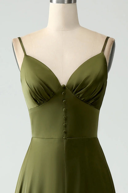 A-Line Spaghetti Straps Long Olive Bridesmaid Dress