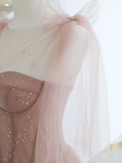 Pink A-Line Tulle Long Prom Dress Pink Formal Evening Dress