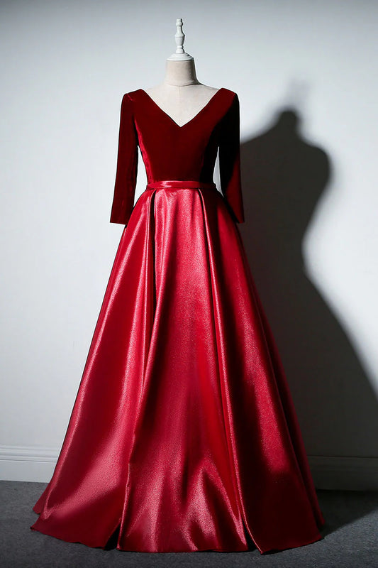 Simple A-line Long Sleeves Burgundy Long Prom Dress Burgundy Evening Dress