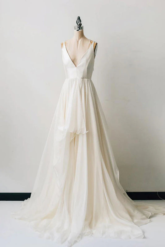 Simple v neck white chiffon long prom dress white prom dress