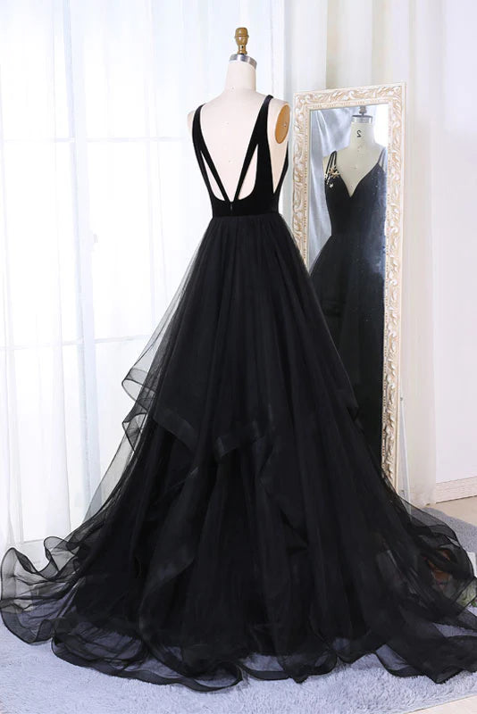 Simple black tulle v neck long prom dress black prom dress