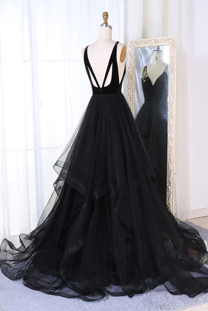 Simple black tulle v neck long prom dress black prom dress