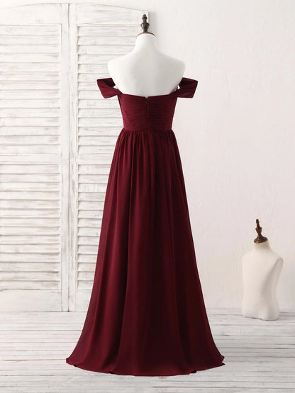 Chiffon Off Shoulder Long Prom Dress Burgundy Bridesmaid Dress