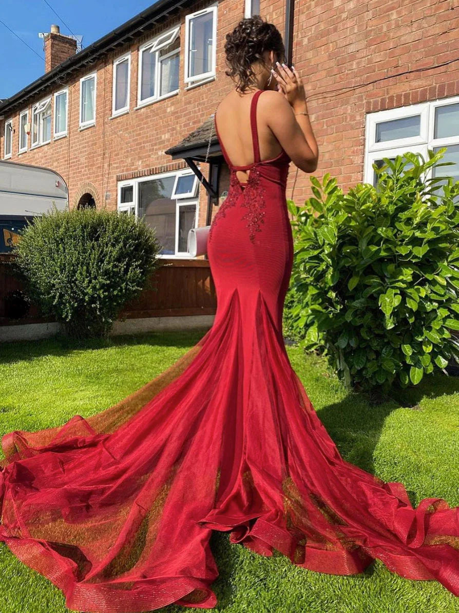 Burgundy v neck lace mermaid long prom dress burgundy prom dress