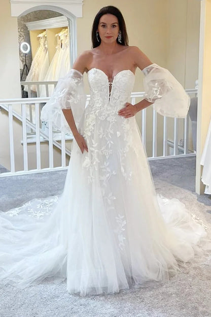 Strapless A-Line Long Wedding Dress with Detachable Sleeves
