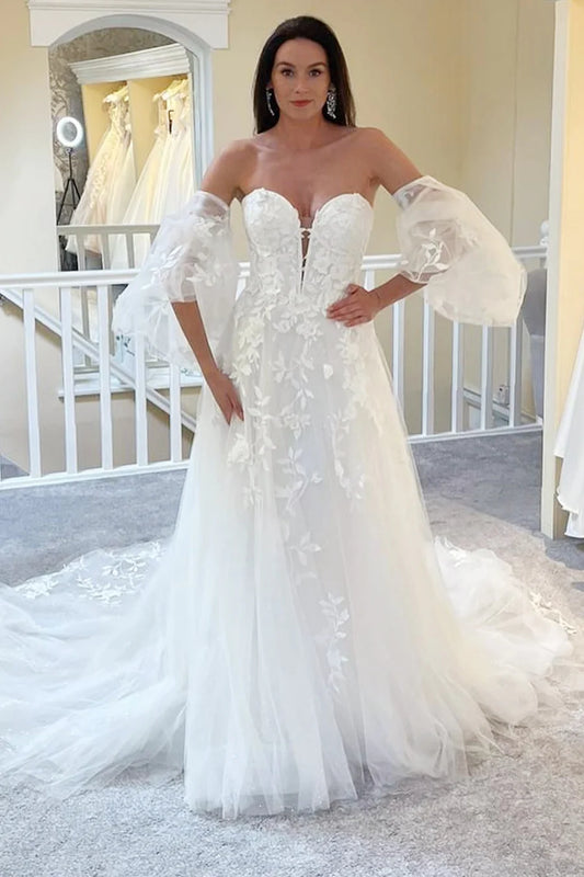 Strapless A-Line Long Wedding Dress with Detachable Sleeves