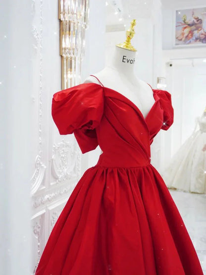 Red v neck satin long prom dress red prom dress