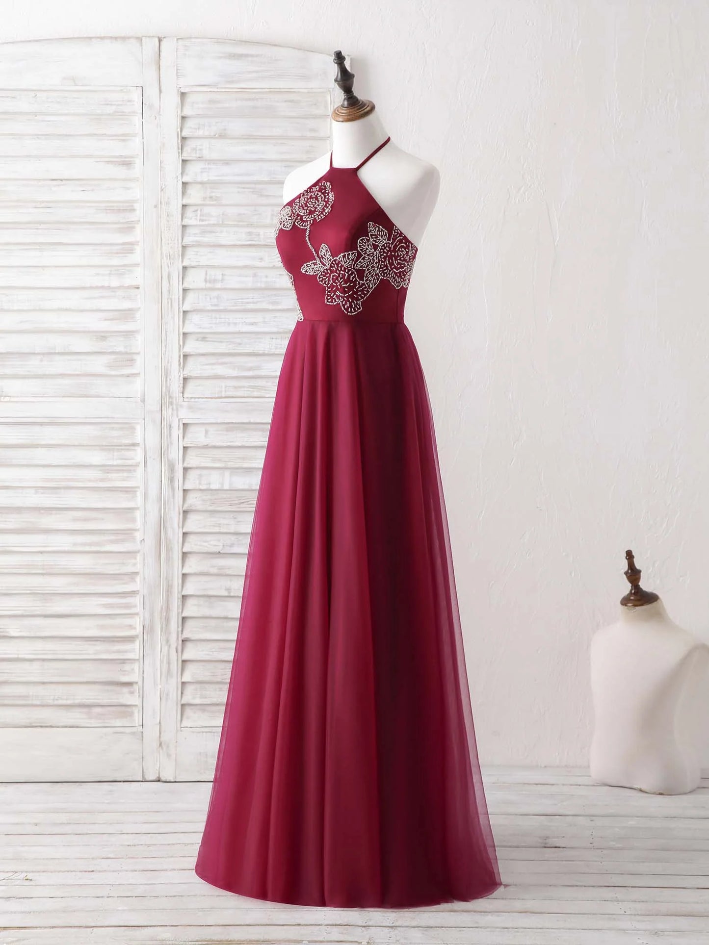 Tulle Beads Long Prom Dress Burgundy Evening Dress
