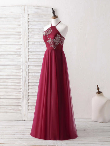 Tulle Beads Long Prom Dress Burgundy Evening Dress