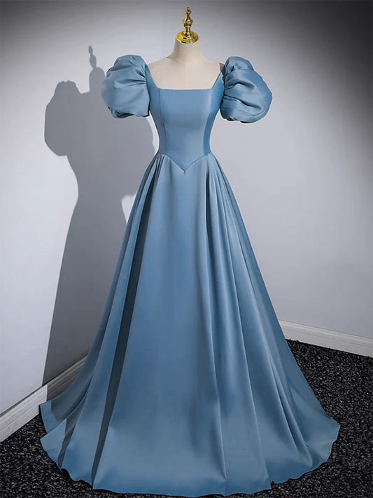 A-Line Satin Blue Long Evening Dress Blue Satin Long Evening Dress
