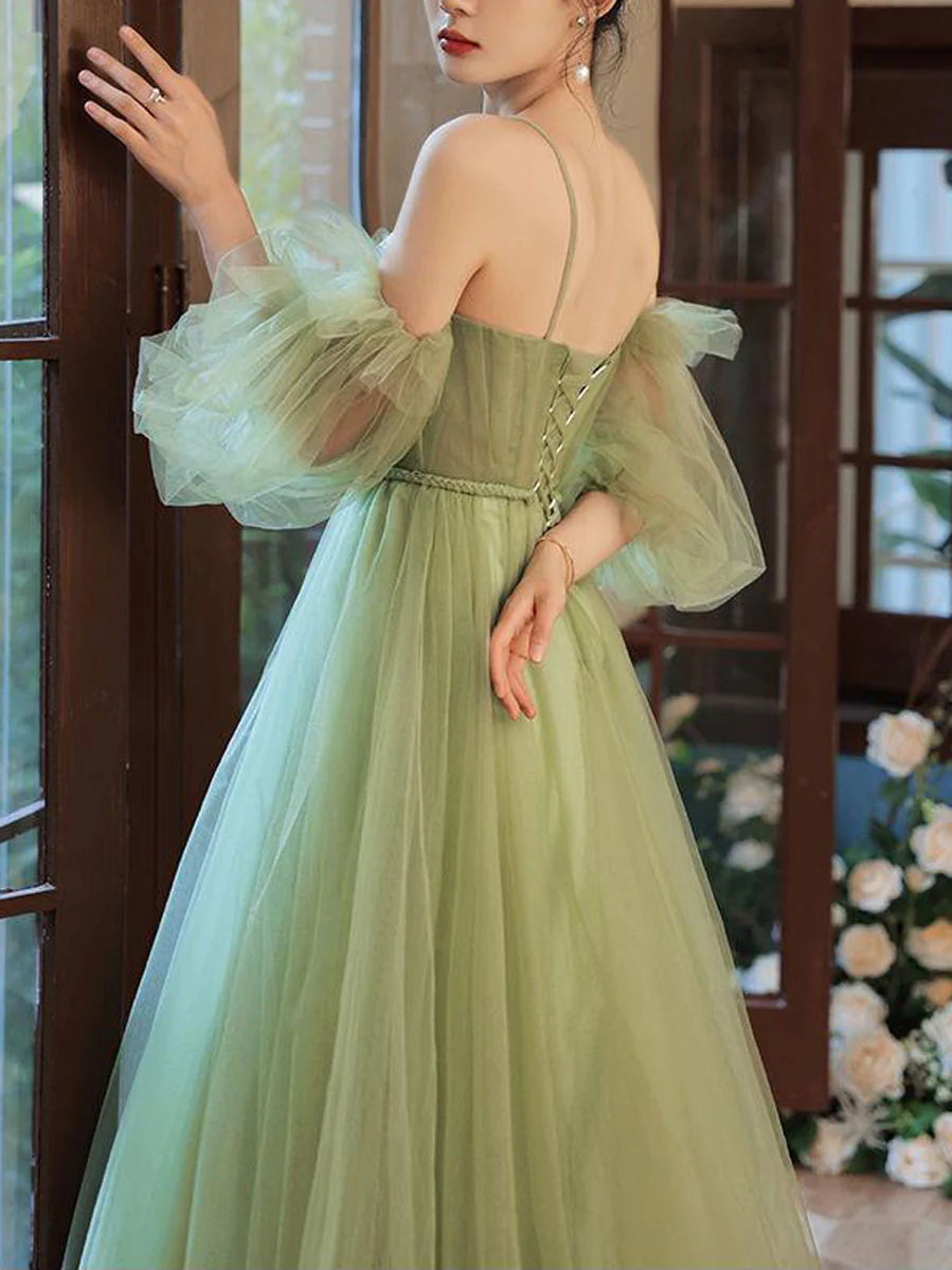 Simple green tulle A line long prom dress  green prom dress