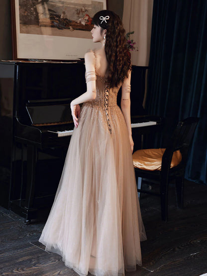 Champagne tulle beads A line long prom dress champagne prom dress