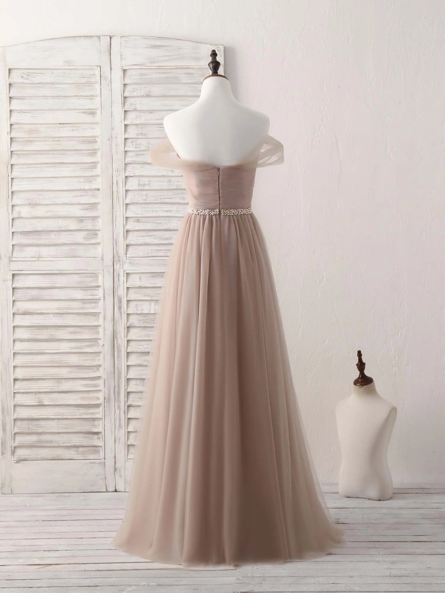 Off Shoulder Tulle Long Prom Dress Champagne Evening Dress