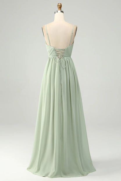 A Line Spaghetti Straps Pleated Maternity Bridesmaid Dress With Slit