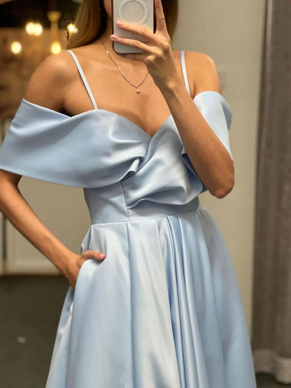 Simple Off Shoulder Satin Long Prom Dress Satin Long Evening Dress