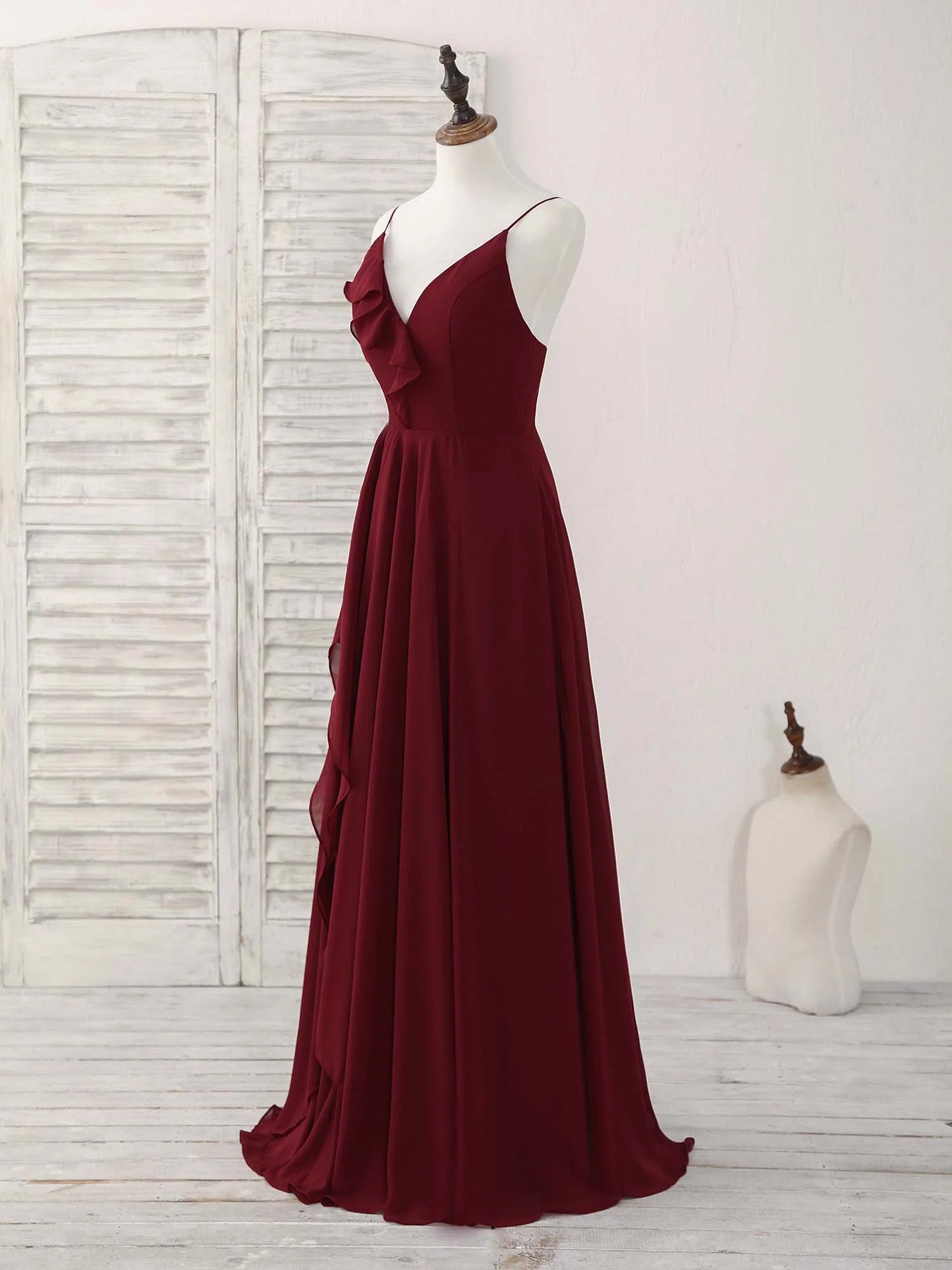 Burgundy V Neck Chiffon Long Prom Dress Bridesmaid Dress