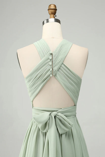 A Line Halter Pleated Long Maternity Bridesmaid Dress with Slit