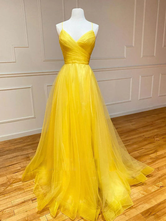 Yellow sweetheart tulle long prom dress yellow prom dress