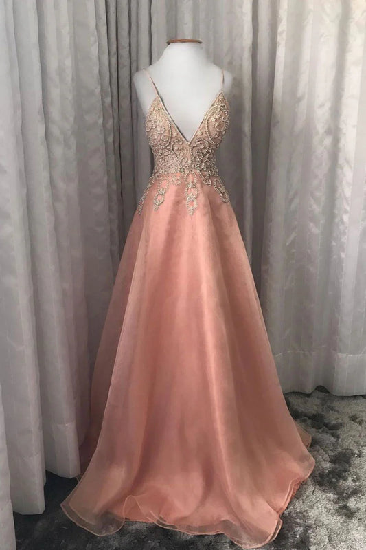 Unique v neck tulle beads long prom dress tulle prom dress