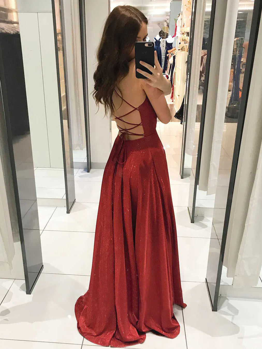 Simple v neck A line long prom dress burgundy prom dress