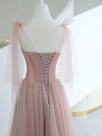 Pink A-Line Tulle Long Prom Dress Pink Formal Evening Dress