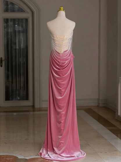 Pink Mermaid Velvet Beads Long Evening Dresses Pink Long Formal Dress