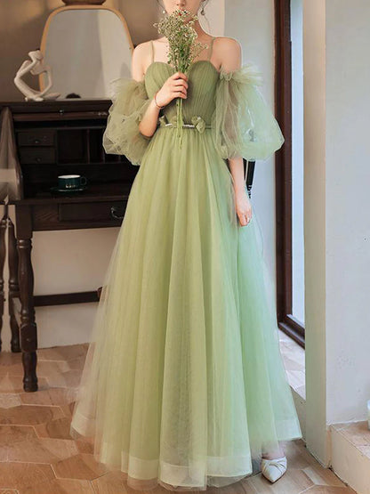 Simple green tulle A line long prom dress  green prom dress