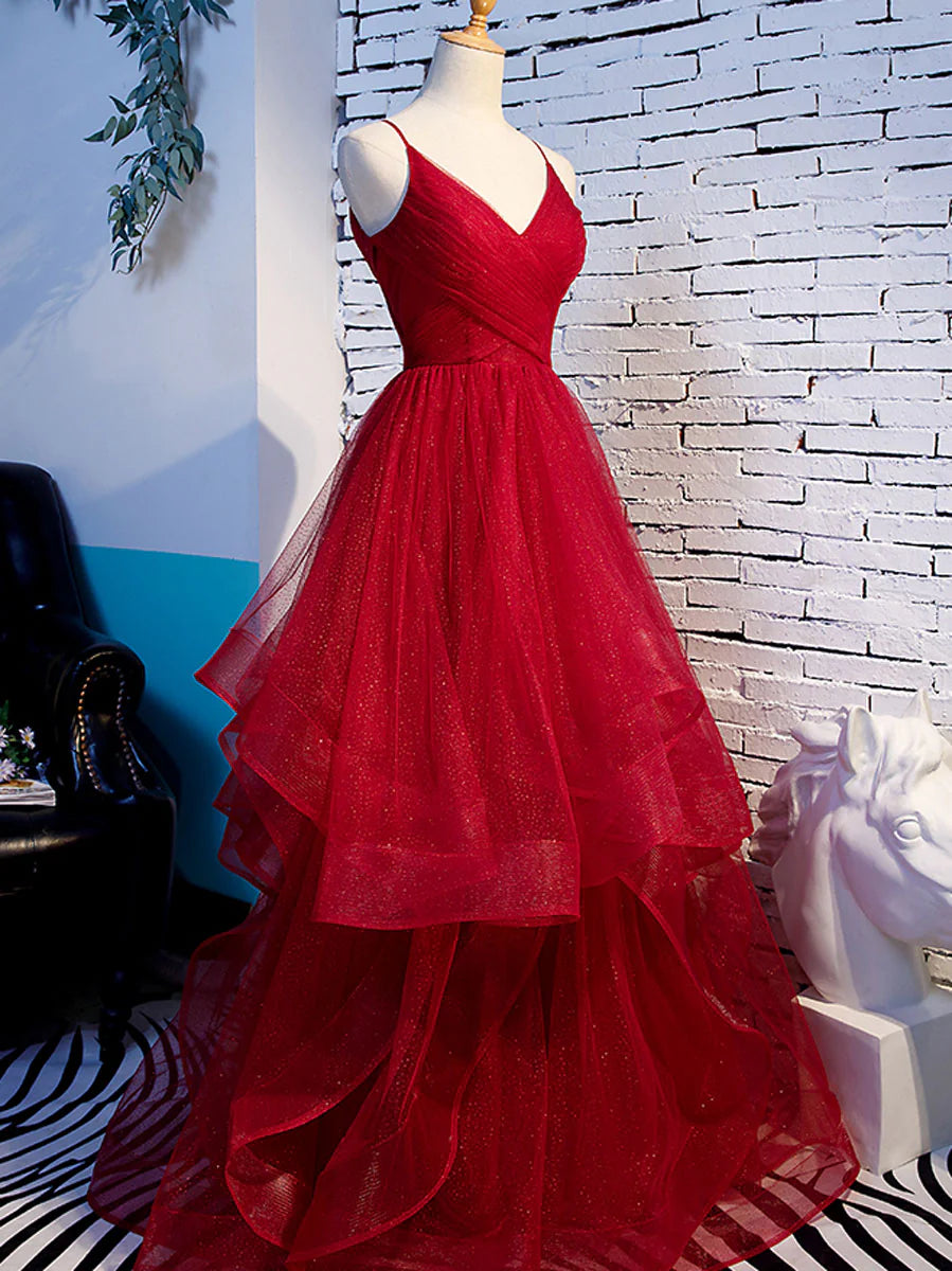 Burgundy v neck tulle long prom dress burgundy prom dress