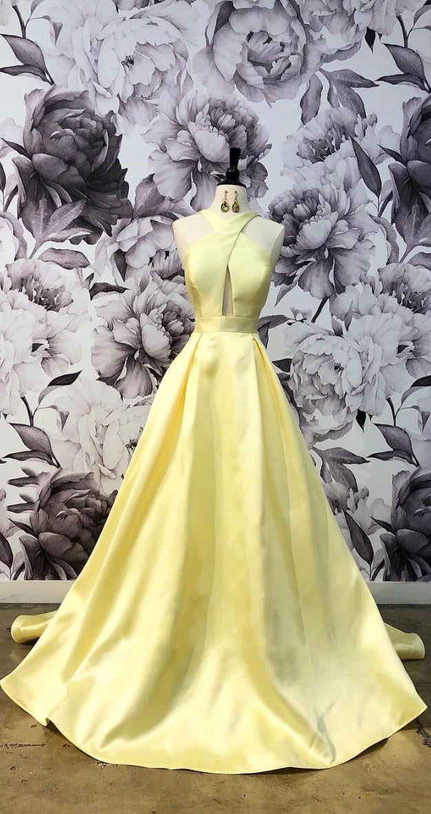 Simple yellow satin long prom dress yellow prom dress