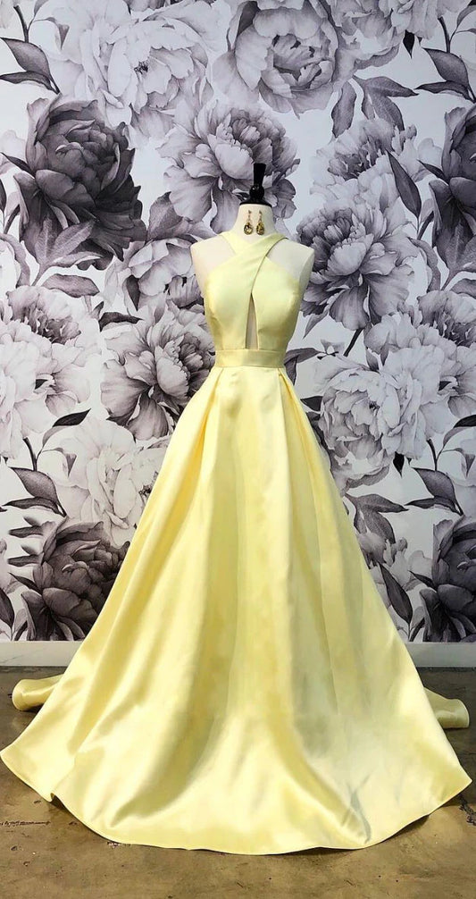 Simple yellow satin long prom dress yellow prom dress