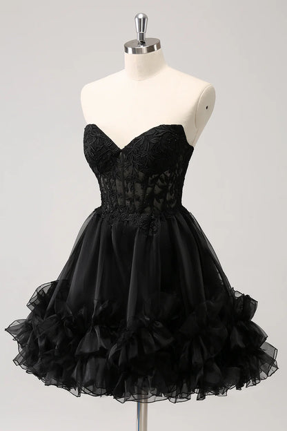 Black A Line Sweetheart Corset Beaded Homecoming Dress