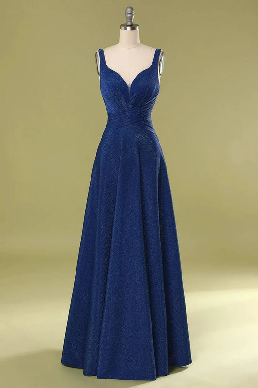 V-Neck Straps Gathered Long Bridesmaid Dress