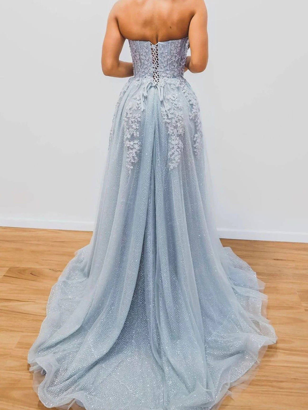 Gray blue tulle sequin long prom dress gray blue tulle prom dress