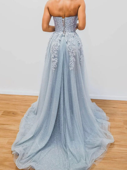 Gray blue tulle sequin long prom dress gray blue tulle prom dress