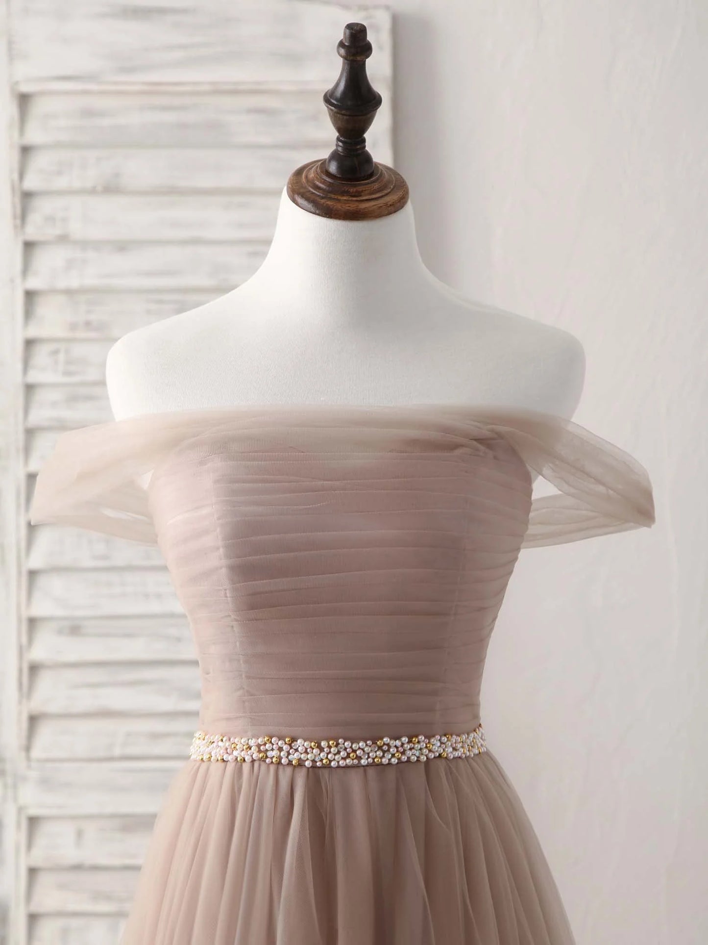 Off Shoulder Tulle Long Prom Dress Champagne Evening Dress