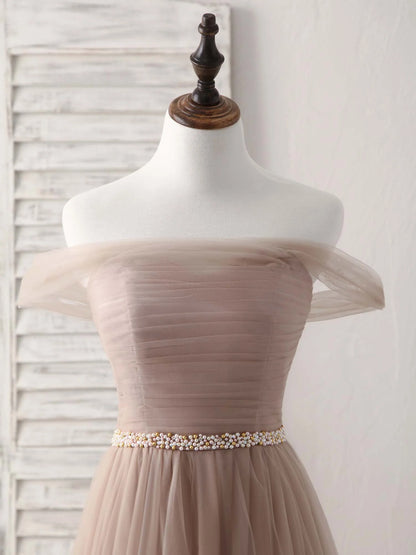 Off Shoulder Tulle Long Prom Dress Champagne Evening Dress