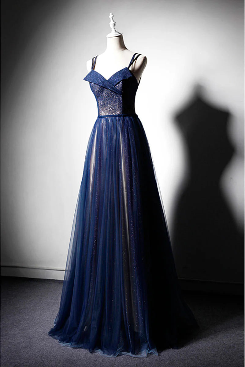 Dark blue tulle long prom dress dark blue prom dress