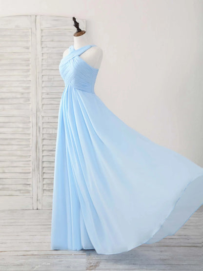 V Neck Chiffon Blue Long Prom Dress Blue Bridesmaid Dress