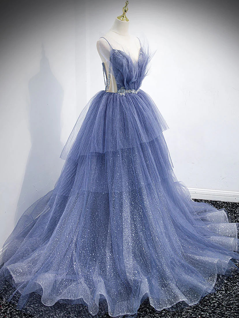 Blue v neck tulle sequin long prom dress  blue prom dress