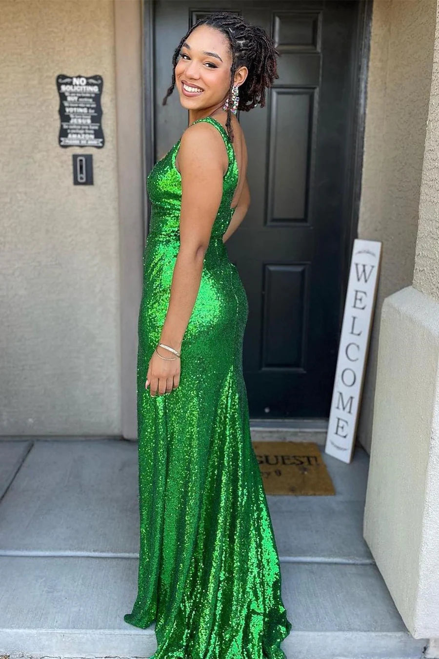 Sequin Square Neck Mermaid Long Prom Dress with Slit