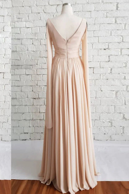 Simple v neck chiffon long prom dress champagne prom dress