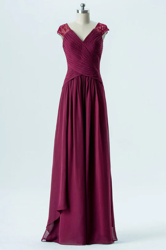 V-Neck Cap Sleeves Long Bridesmaid Dress
