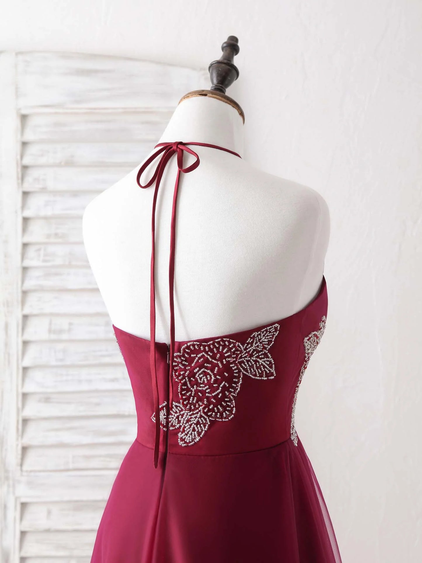 Tulle Beads Long Prom Dress Burgundy Evening Dress