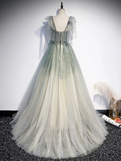 Green tulle sequin beads long prom dress green tulle prom dress