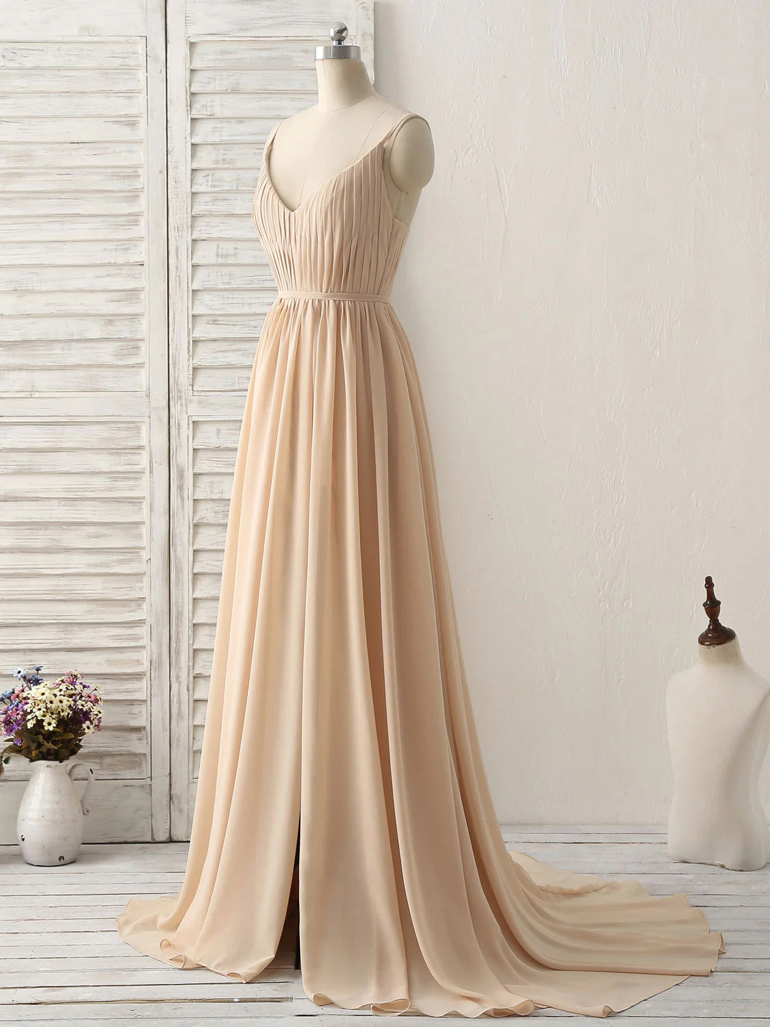Champagne Long Prom Dresses V Neck Chiffon Bridesmaid Dress